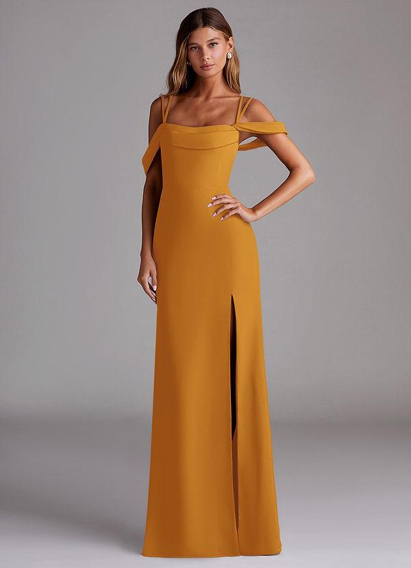 Azazie Callan Bridesmaid Dresses Butterscotch Mermaid Pleated Chiffon Convertible Dress image1