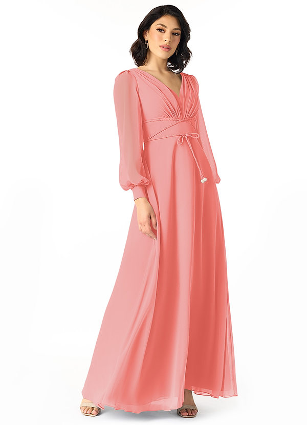 Azazie Sage Bruidsmeisjes Jurken Jurk van Chiffon met A-Lijn Lange mouw Koraal image1