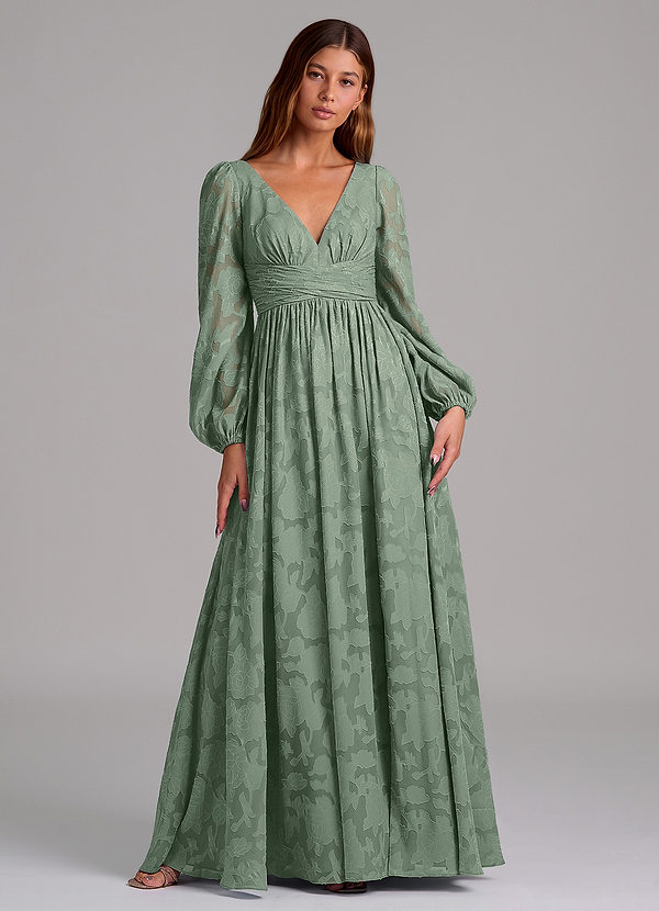 Azazie Norah Bridesmaid Dresses Matcha A-Line Long Sleeve Floral Burnout Dress image1