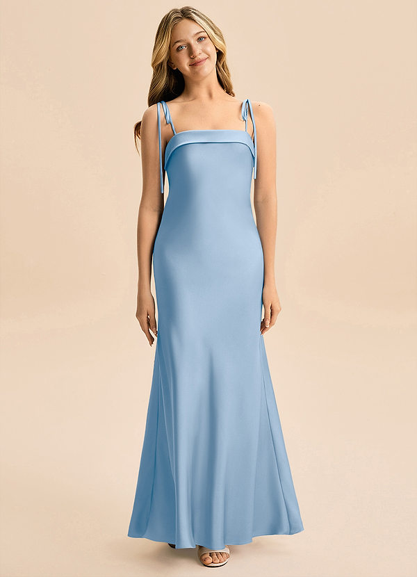 Azazie Willa Junior Vestido Azul Pálido de Satén Elástico de Corte Sirena con Lazo image1