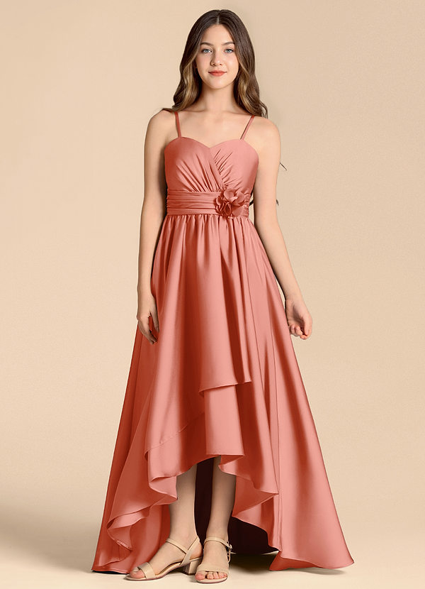 Azazie Catalina Junior Vestido de Coral de Satén Elástico de Corte en A con Escote de Corazón image1