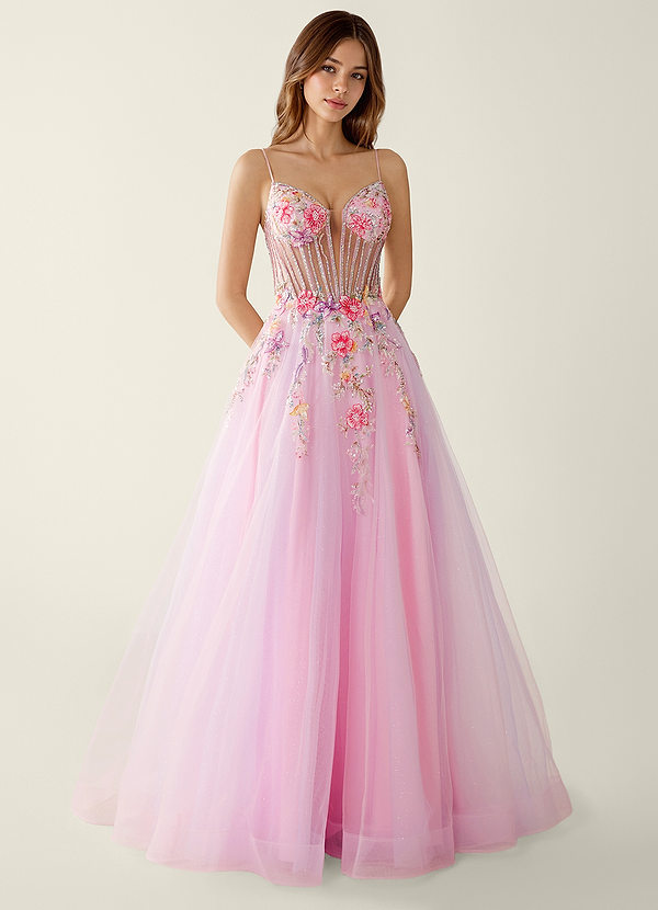 Yara Zartrosa Tüll-Abendkleid mit V-Ausschnitt, Blumen- und Paillettenstickerei image1