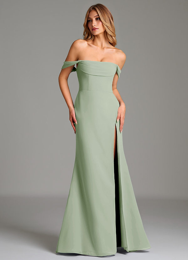 Azazie Riley Robes de demoiselle d'honneur Robe Fourreau Convertible en Mousseline de soie Épaule décolletée Vert Sauge image1
