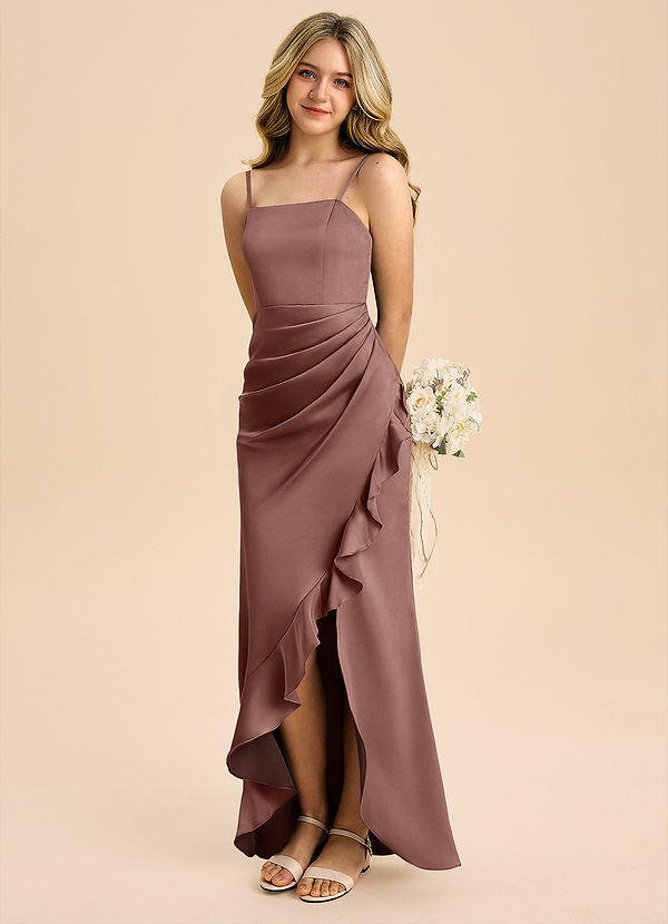 Azazie Buzzy Junior Robe Fourreau en Satin extensible Plissée Expresso image1