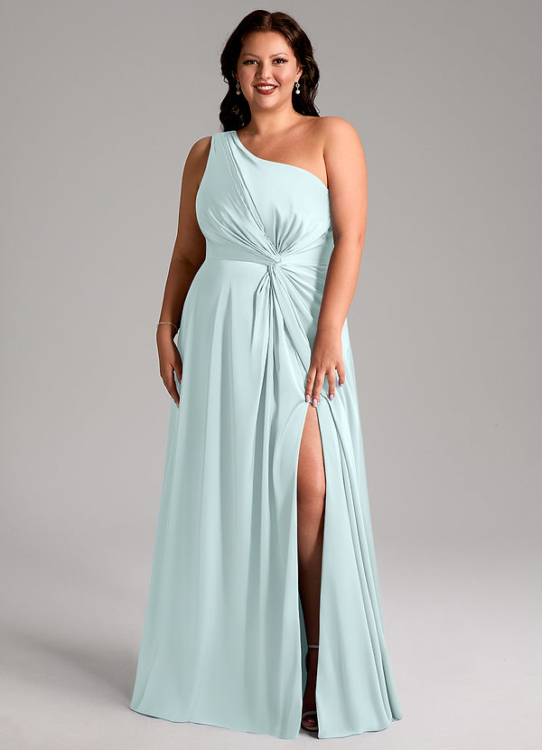 Azazie Brooke Vestidos Dama de Honor Vestido de Vidrio Marino de Satén Elástico de Corte en A con Hombro unilateral image1