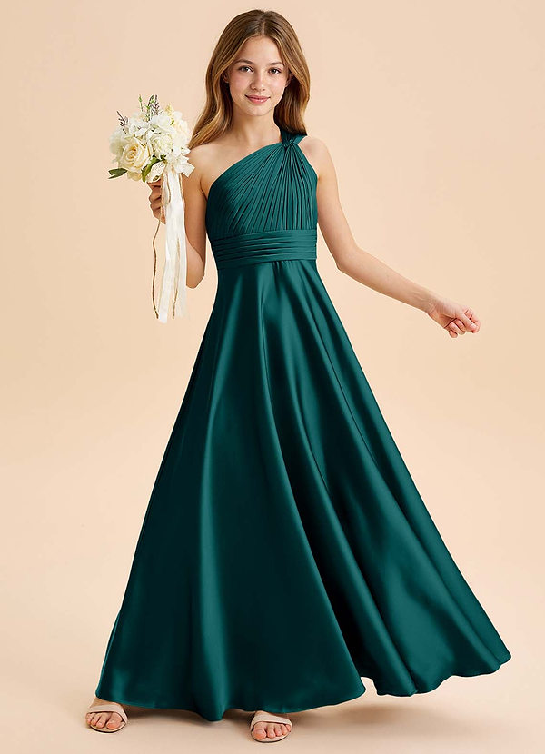 Azazie Charlize Junior Abito A-Line in Raso Elasticizzato Plissettato Verde Pavone image1