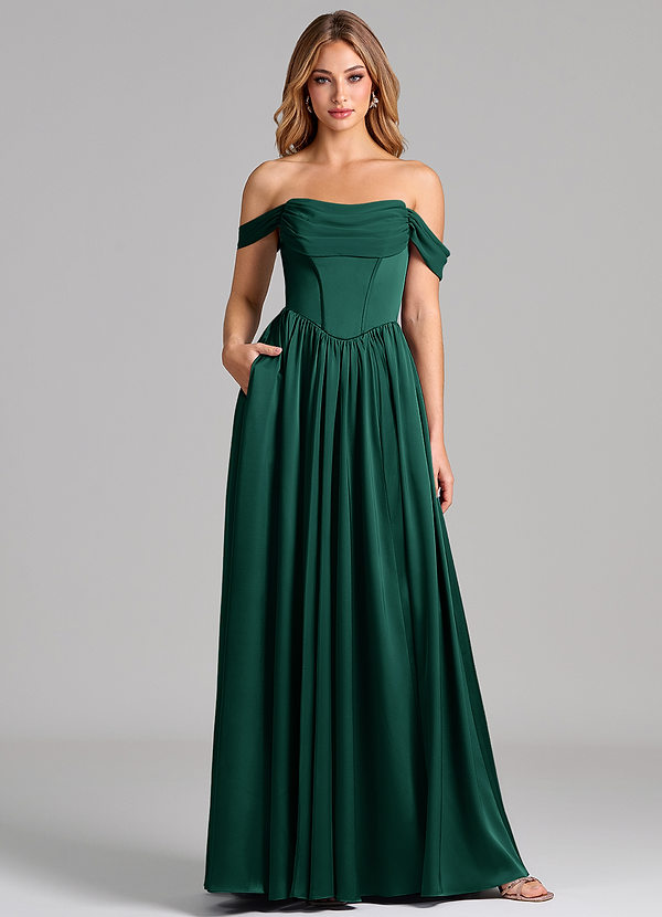 Azazie Raisa Bridesmaid Dresses Emerald A-Line Off the Shoulder Stretch Satin Dress image1