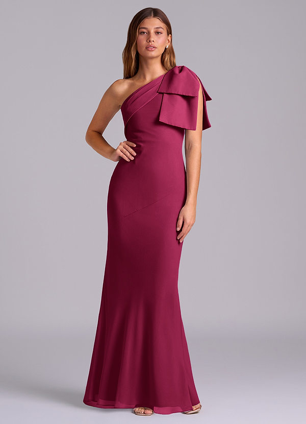 Azazie Yuanna Bridesmaid Dresses Burgundy Mermaid One Shoulder Chiffon Dress image1