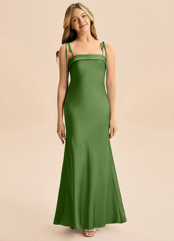 Azazie Willa Junior Vestido Albahaca de Satén Elástico de Corte Sirena con Lazo image1
