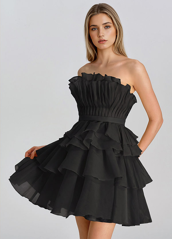 Neravie Schwarz Chiffon-Minikleid mit Raffungen, Stufen und Rüschen image1