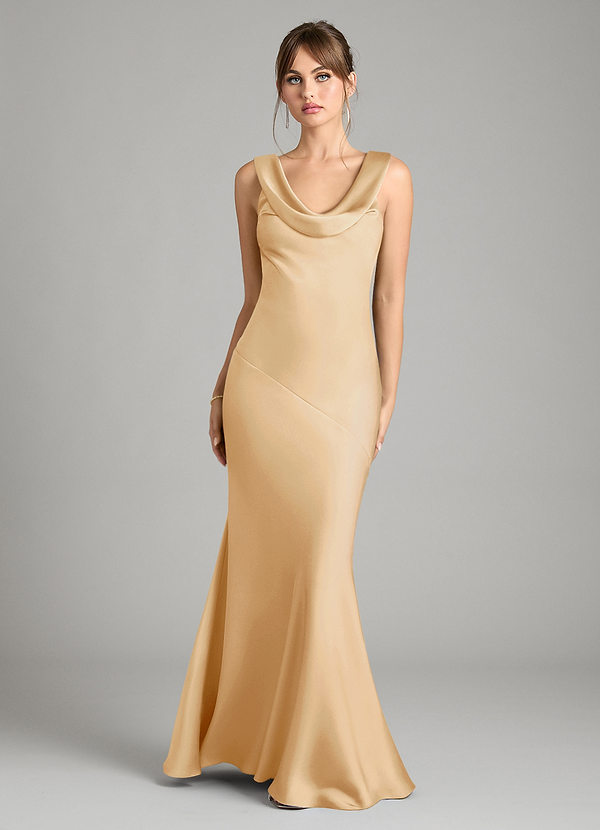 Azazie Rylina Bridesmaid Dresses Gold Mermaid Stretch Satin Dress image1