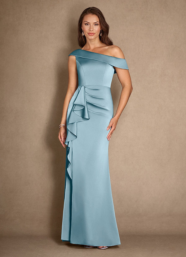 Azazie Hamptons Vestidos de Madre de la Novia Vestido de Azul Malhumorado de Satén Elástico de Corte En A con Plisado image1
