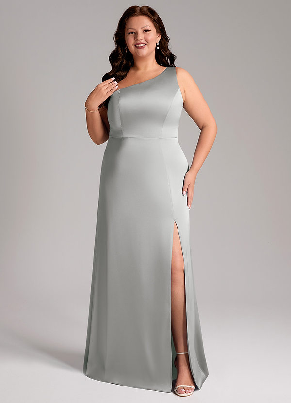 Azazie Phaedra Vestidos Dama de Honor Vestido de Plata de Satén Elástico de Corte en A con Hombro unilateral image1