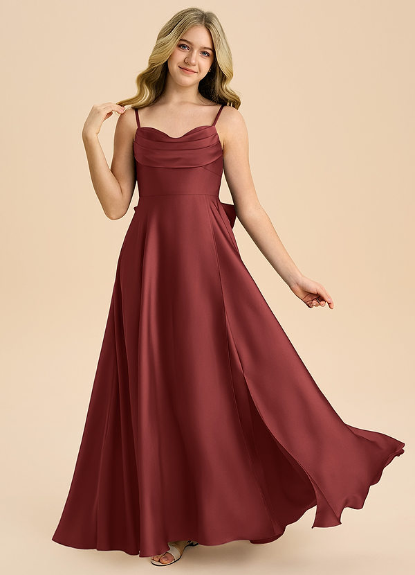 Azazie Bear Junior Robe Trapèze en Satin extensible Décolleté en cœur Terracotta image1