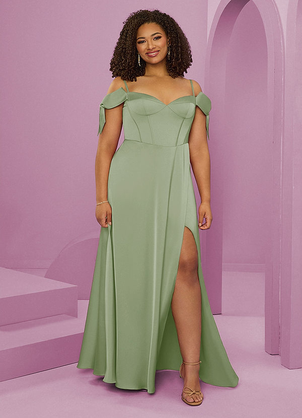 Barbie ♥ Azazie Bruidsmeisjes Jurken Jurk van Stretch Satijn met A-Lijn Off the Shoulder Stoffige Salie image1