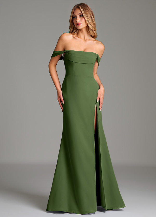 Azazie Riley Robes Demoiselle d'honneur Robe Fourreau Convertible en Mousseline de soie Épaule décolletée Olive image1