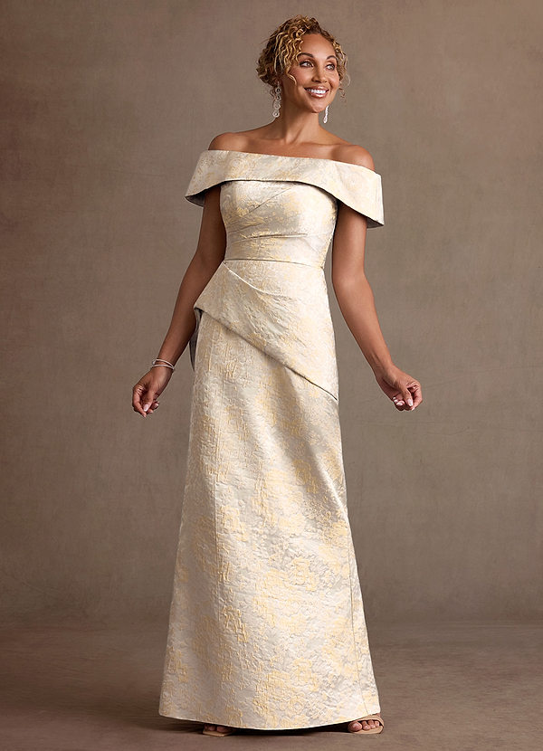 Azazie Kaddar Mother of the Brides Dresses Vintage Champagne Sheath Off the Shoulder Floral Jacquard Dress image1