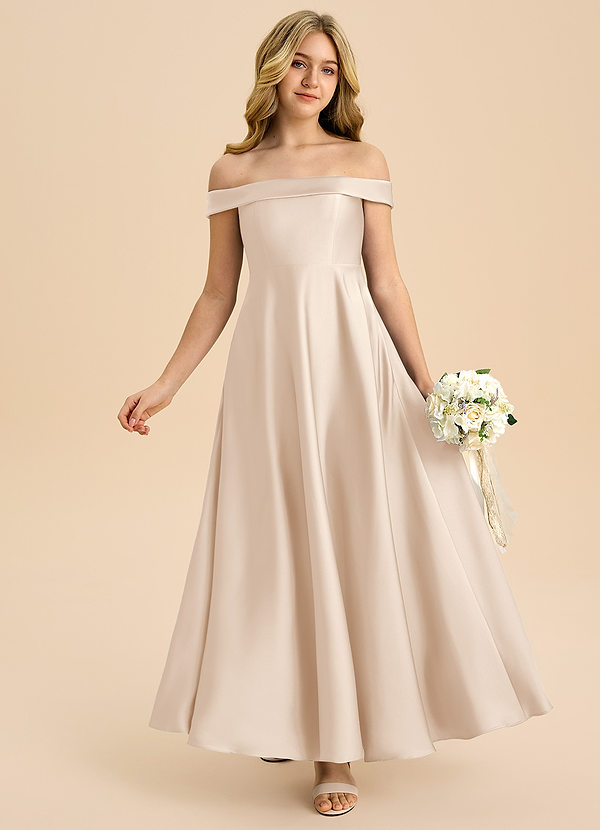 Azazie Sissy Junior White Alabaster A-Line Off the Shoulder Stretch Satin Dress image1