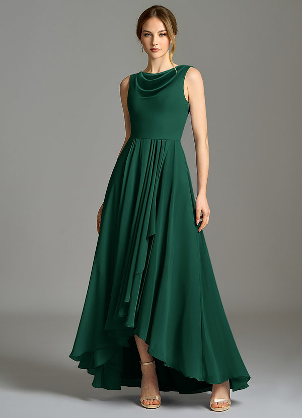 Azazie Wonderland Bridesmaid Dresses Emerald A-Line Pleated Chiffon Dress image1