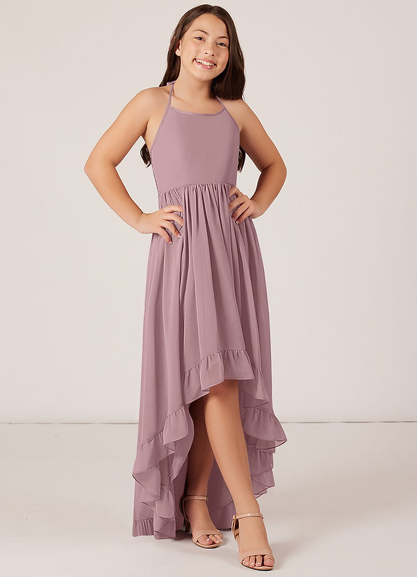 Azazie Sarafina Junior Dusty Rose A-Line Lace Chiffon Dress image1