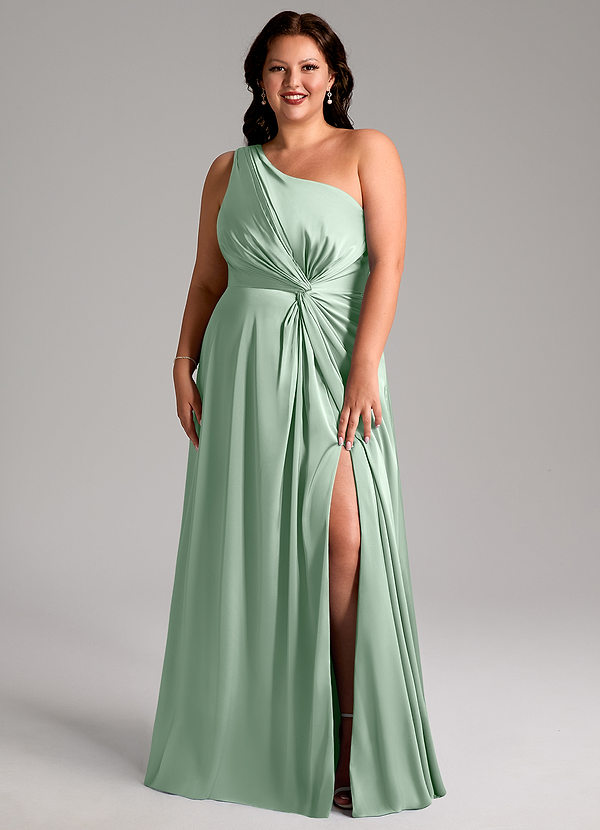 Azazie Brooke Bridesmaid Dresses Agave A-Line One Shoulder Stretch Satin Dress image1
