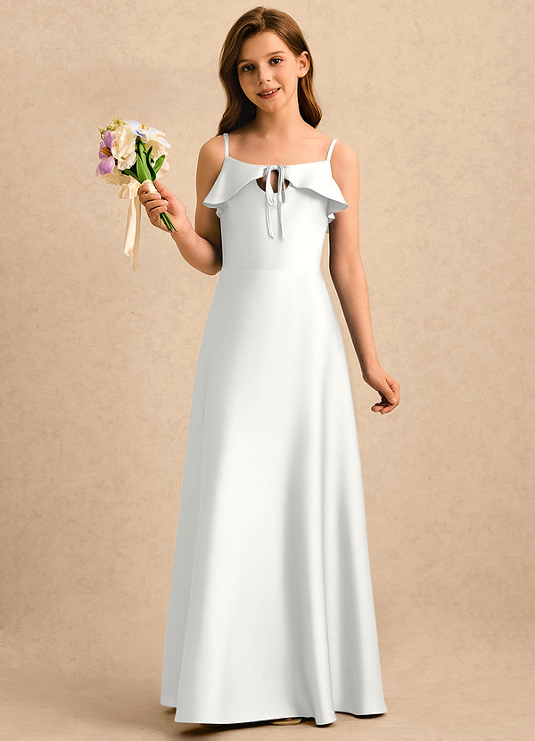 Azazie Kapri Girls Formal Sukienki dla dziewczynek sypiących kwiaty Linia A Marszczony Satyna elastyczna Długość podłogi Sukienka image1