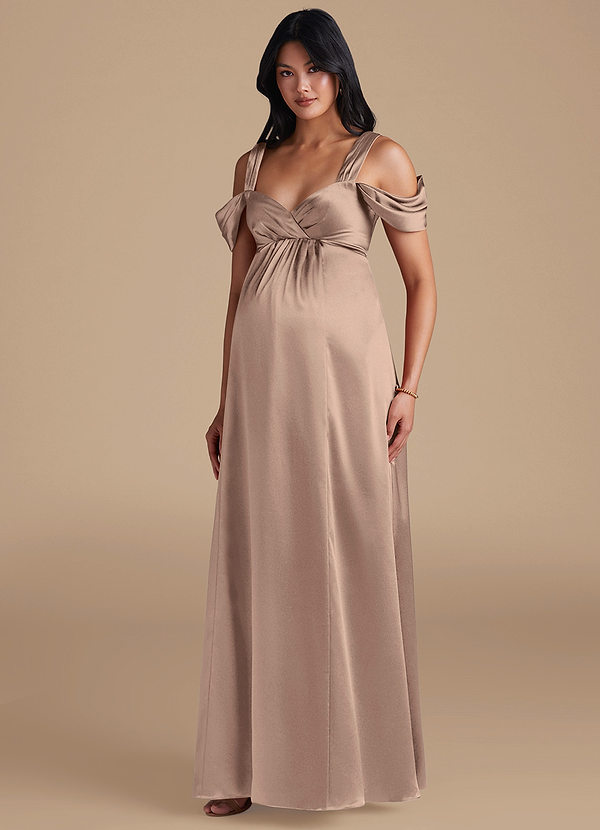 Azazie Rhea Maternity Bridesmaid Dresses A-Line Pleated Metallic Satin Floor-Length Dress image1