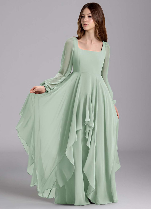 Azazie Clara Junior Abito A-Line in Chiffon Blusa Agave image1
