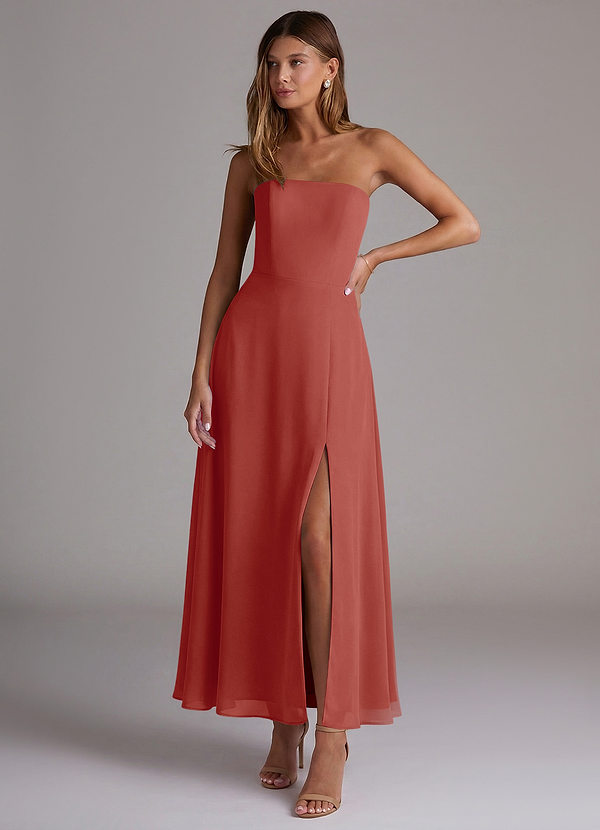 Azazie Wren Bridesmaid Dresses Vestido Terracota de Chiffon de Linha A com Sem alças image1