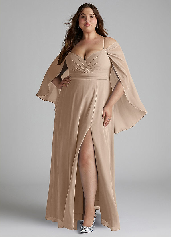 Azazie Cienna Robes Demoiselle d'honneur Robe Trapèze en Mousseline de soie Manche longue Taupe image1