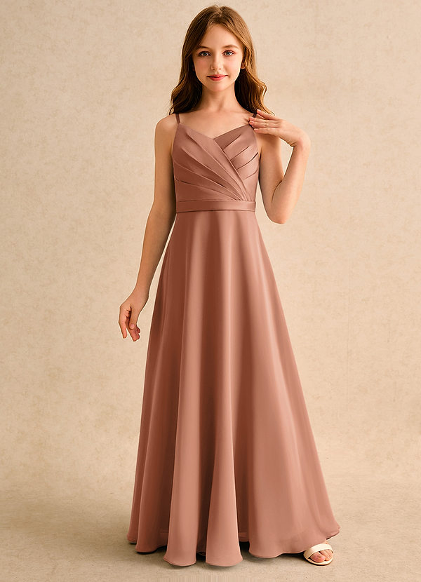 Azazie Umina Girls Formal Bloemenmeisjes Jurken A-Lijn Jurk van Mat Satijn Geplooid Bronzeertint image1