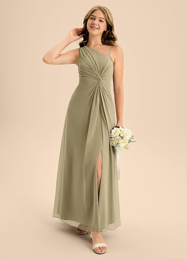 Azazie Brooke Junior Abito A-Line in Chiffon Spacco Laterale Verde Muschio image1