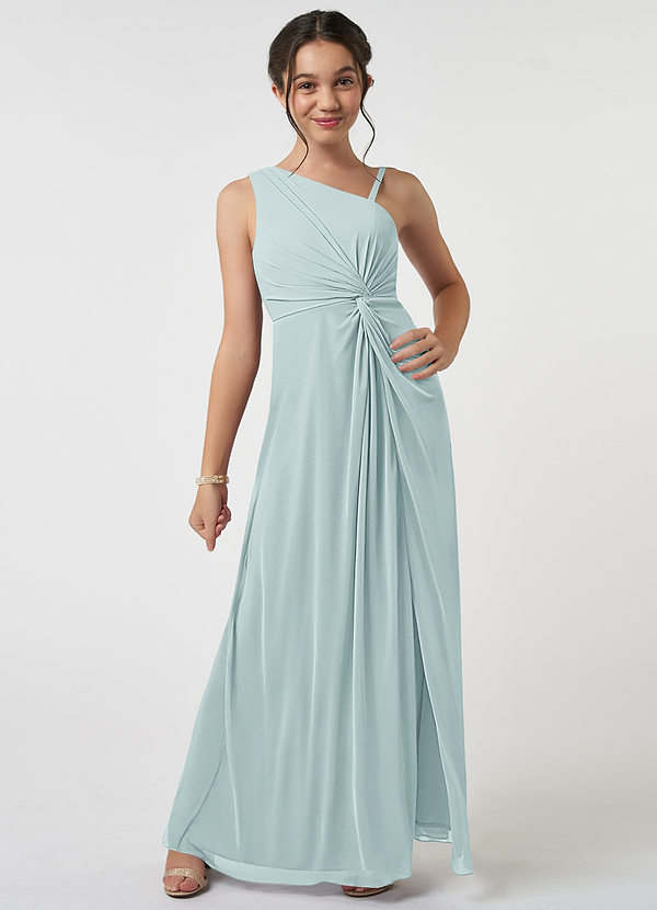 Azazie Brooke Junior Abito A-Line in Maglia Plissettato Nebbia image1