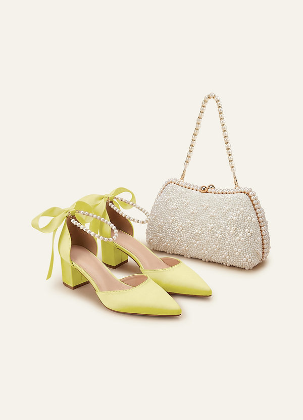 front Matching Color Matte Satin Pearl and Bow Pointed Toe Block Heels & Beaded Clutch Set