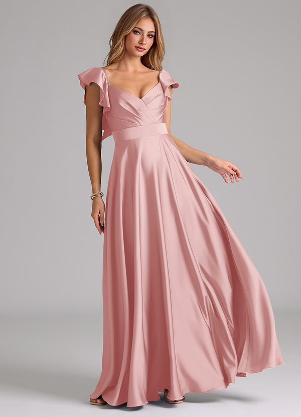 Azazie Leilani Bridesmaid Dresses Powder Pink A-Line Ruched Stretch Satin Dress image1