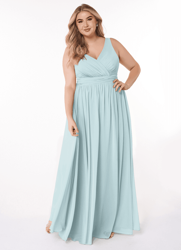 Azazie Kora Brautjungfernkleider A-Linie Plissee Chiffon Kleid Nebel image1