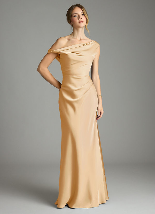 Azazie Emerson Brudtärneklänningar Klä av Sjöjungfru i Stretch Satin Av axeln Guld image1