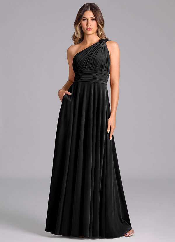 Azazie Charlize Bruidsmeisjes Jurken Jurk van flueel met A-Lijn One-Shoulder Zwart image1