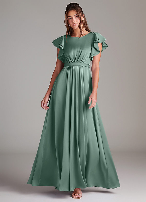 Azazie Daphne Modest Bridesmaid Dresses A-Line Ruched Stretch Satin Floor-Length Dress image1