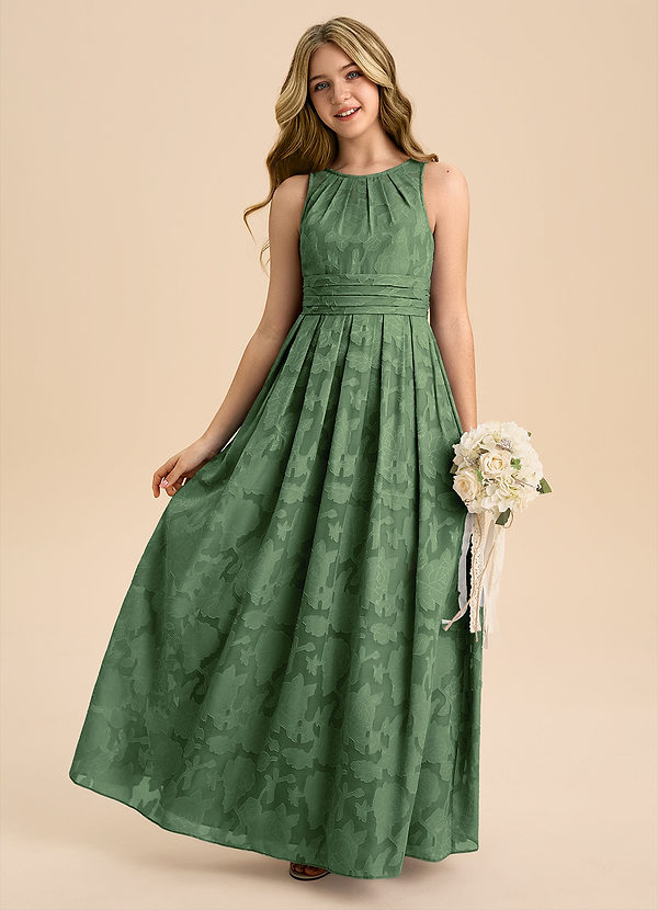 Azazie Bibiane Junior Eucalyptus A-Line Pleated Floral Burnout Dress image1