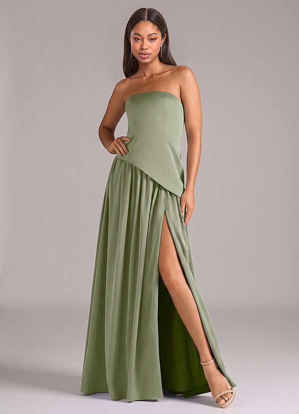 Azazie Adeline Vestidos de dama de honor Vestido Pistacho de Satén Elástico de Línea A Convertible con Palabra de honor image1