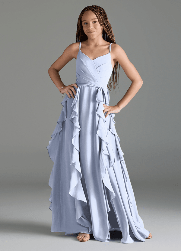 Azazie Peyton Junior Ice A-Line V-Neck Cascading Ruffles Chiffon Dress image1