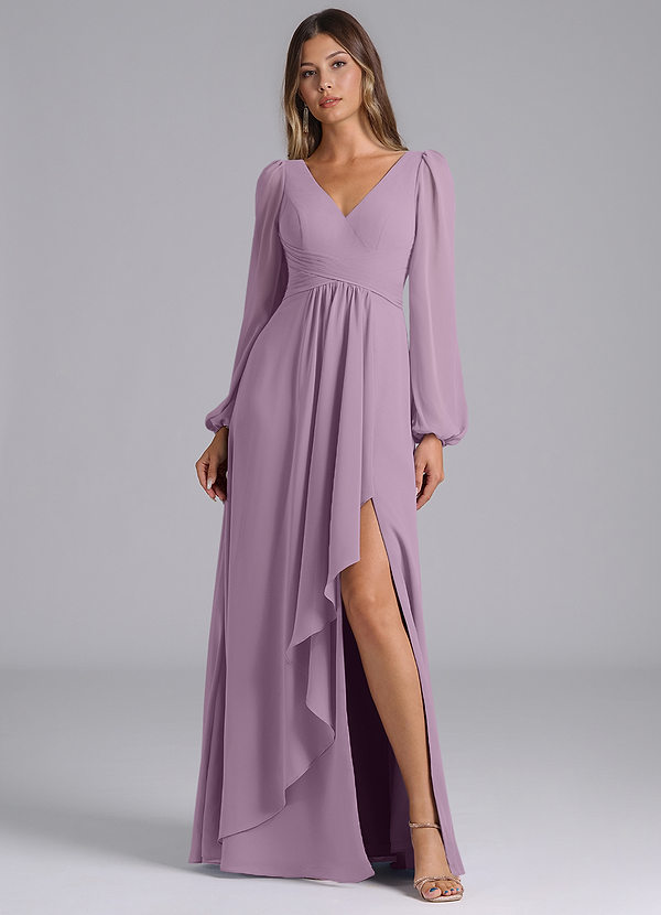 Azazie Liah Robes Demoiselle d'honneur Robe Trapèze en Mousseline de soie Manche longue Glycine image1