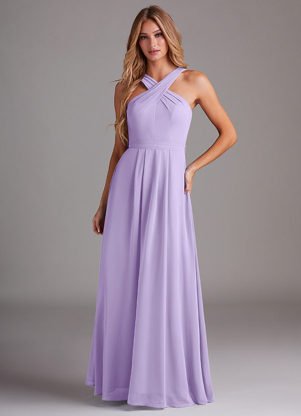 Azazie Dixie Bridesmaid Dresses Lilac A-Line Halter Pleated Chiffon Dress image1