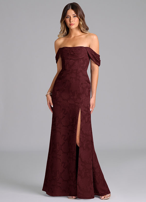 Azazie Saige Bridesmaid Dresses Cabernet A-Line Off the Shoulder Floral Burnout Convertible Dress image1