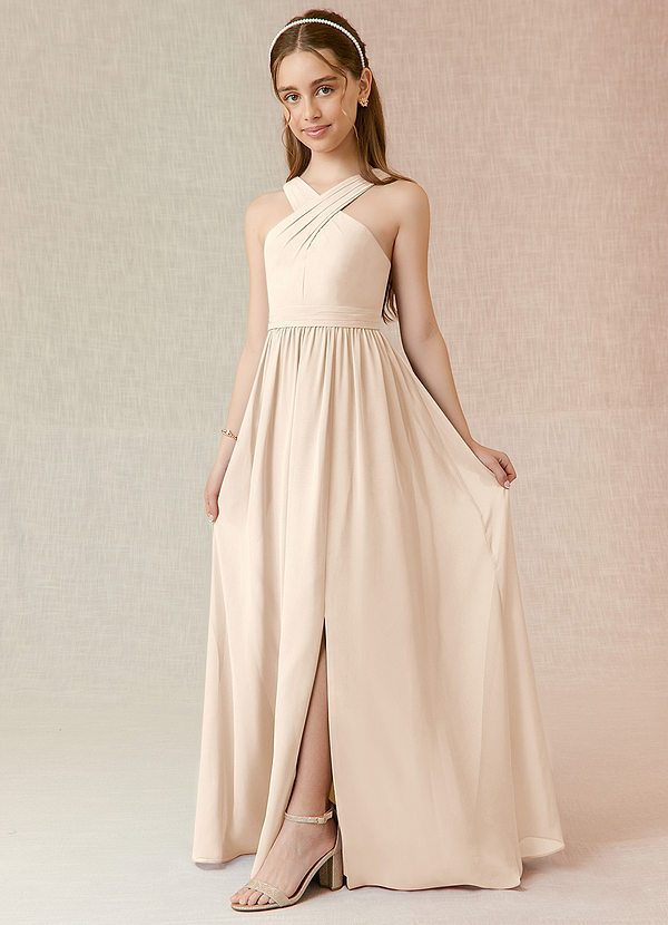 Azazie Jiya Junior White Alabaster A-Line Pleated Chiffon Dress image1
