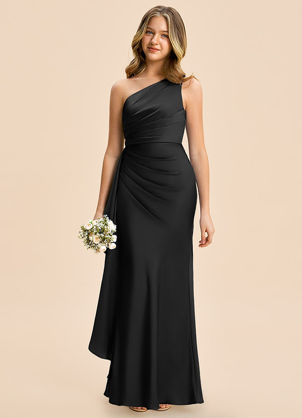 Azazie Holly Junior Black Sheath Pleated Stretch Satin Dress image1