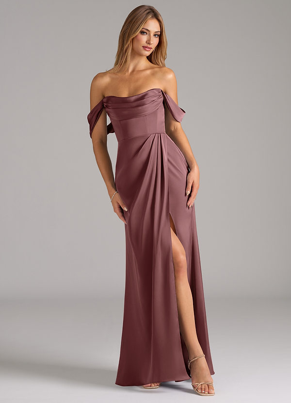 Azazie Johana Bridesmaid Dresses Vintage Mauve Mermaid Off the Shoulder Stretch Satin Convertible Dress image1