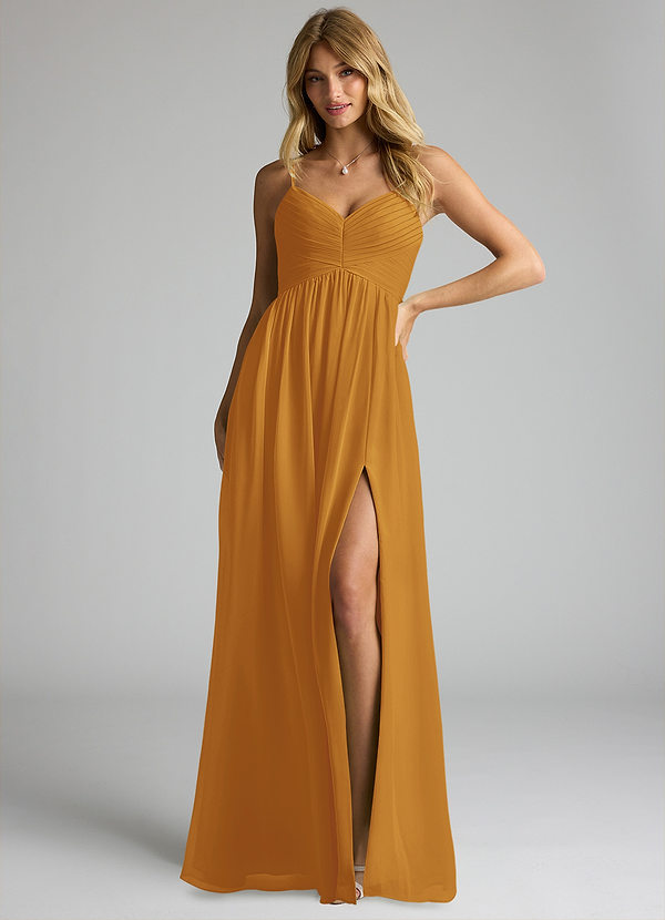 Azazie Alia Bridesmaid Dresses Butterscotch A-Line Pleated Chiffon Dress image1