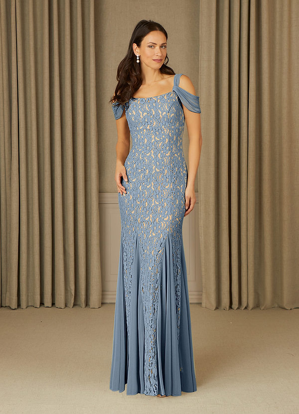 Azazie Claribel Mother of the Brides Dresses Dusty Blue Mermaid Off the Shoulder Lace Dress image1
